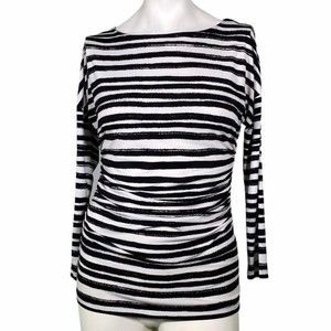 Vince Camuto Black White Stripes Long Sleeve Round Neck Blouse Small